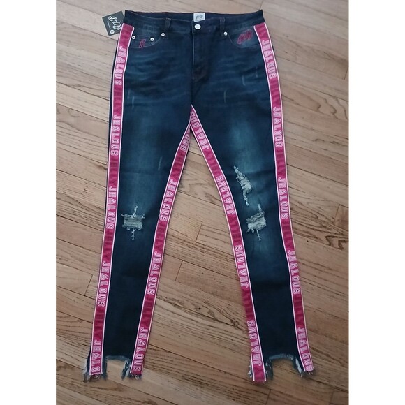 NEW Jelly Jealous Jeans Denim 31" Waist Statement Pants Stretch Frayed Tapered - Picture 1 of 8